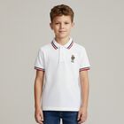 Boys White Bear Logo PiquÃ© Polo Shirt, 1, hi-res