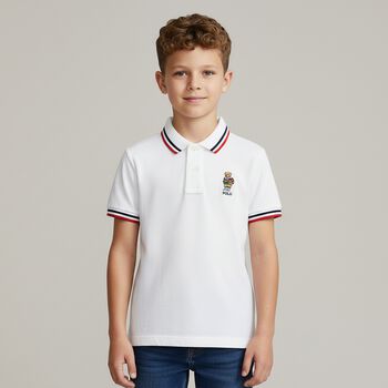 Boys White Bear Logo Piqu&Atilde;&copy; Polo Shirt