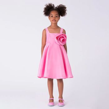 Girls Pink Satin Floral Applique Dress