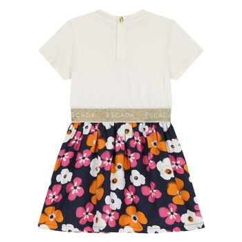 Younger Girls Ivory & Navy Blue Logo Floral Dress