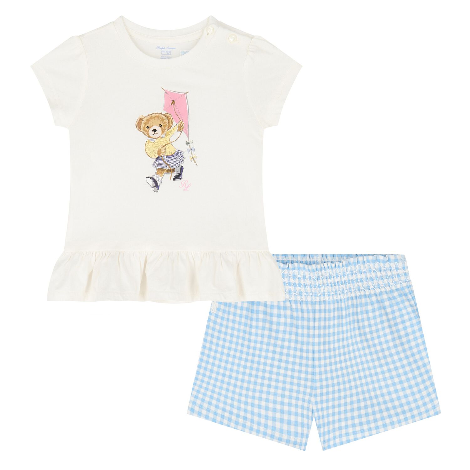 Baby Girls Ivory & Blue Gingham Shorts Set, 1, hi-res