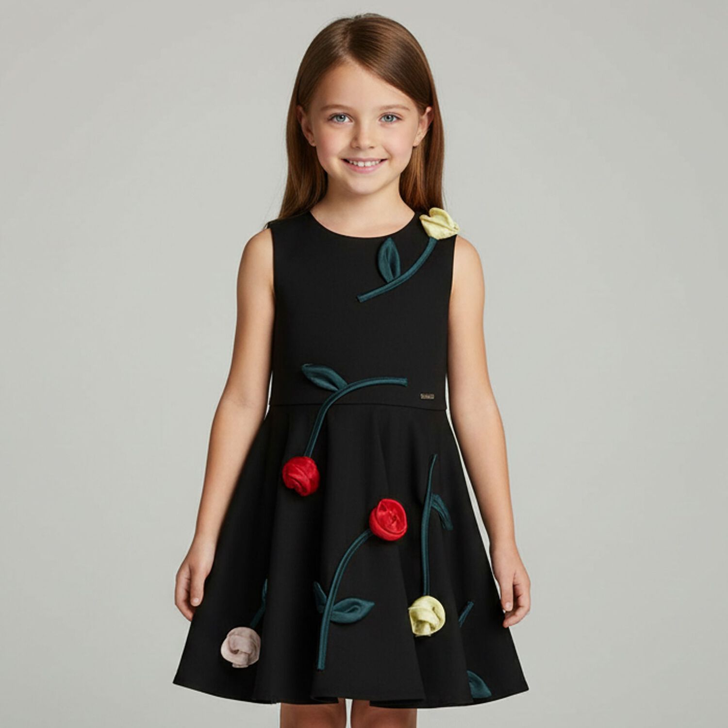 Girls Black Rose Satin Dress, 2, hi-res