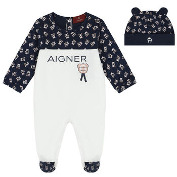Navy Blue & White Logo Babygrow Set