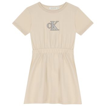 Girls Beige Glittery Logo Dress