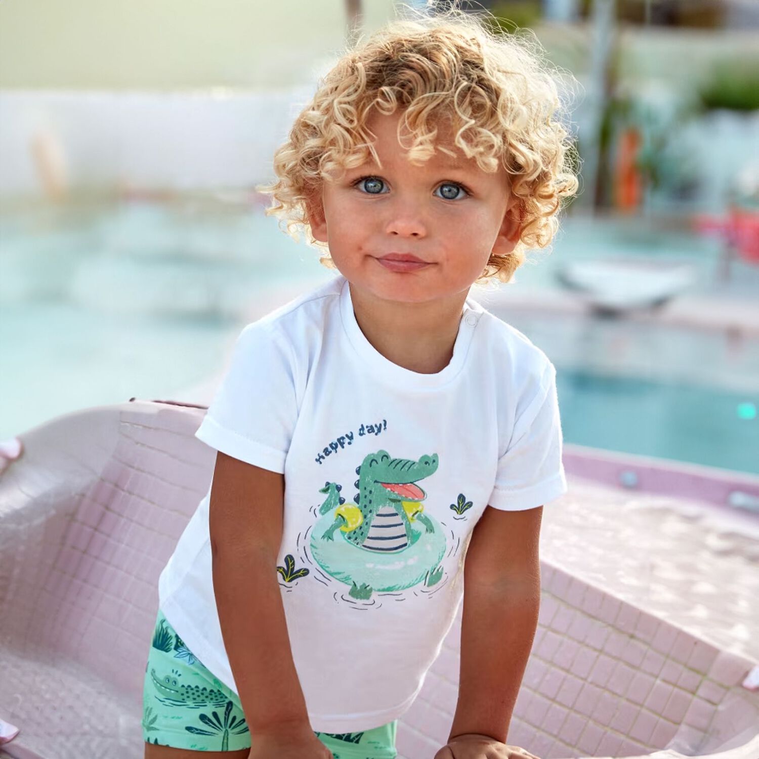 Younger Boys White & Aqua Crocodile Swim Shorts Set, 1, hi-res