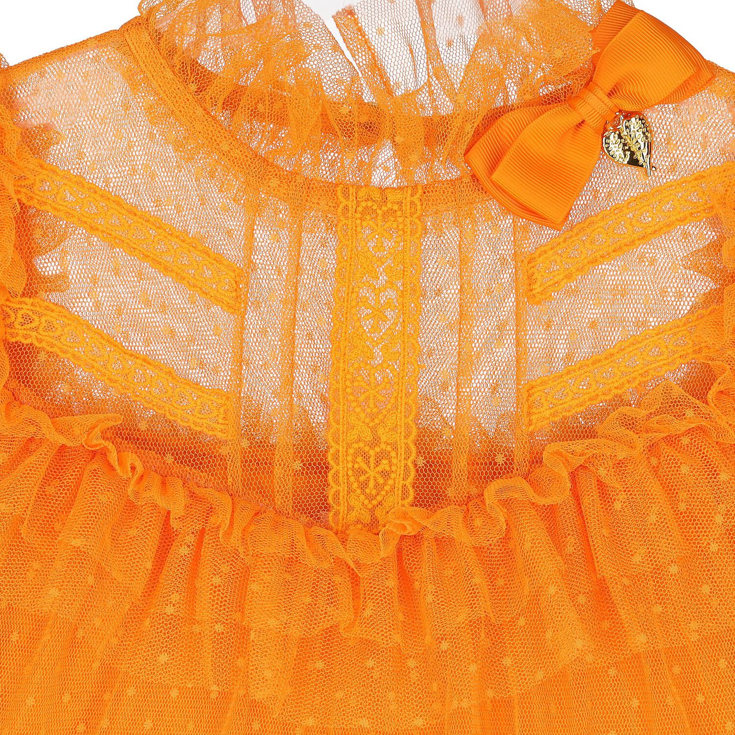 Girls Orange Dotted Tulle Dress, 1, hi-res