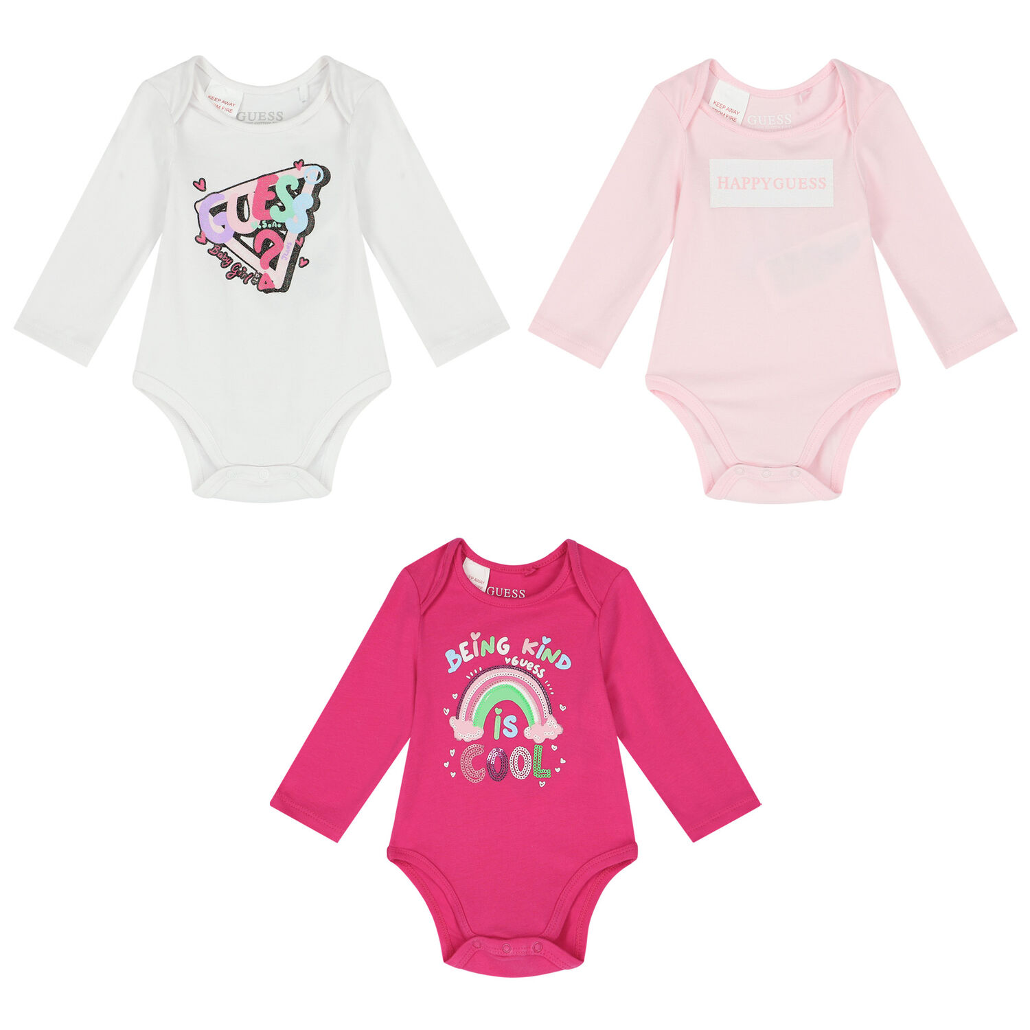 Baby Girls White & Pink Logo Bodysuits ( 3-Pack ), 1, hi-res