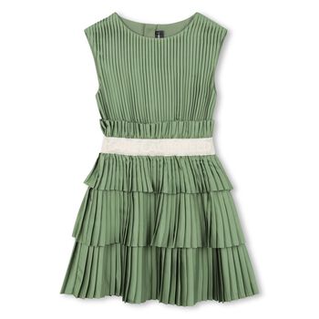 Girls Green Logo Pleated Satin Dress 