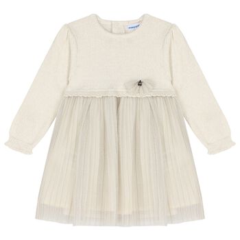 Younger Girls Ivory Pleated Tulle Dress