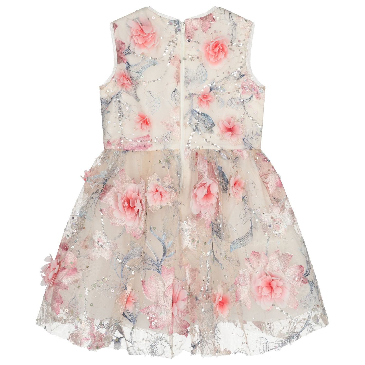 Girls Beige & Pink 3D Floral Tulle Dress, 1, hi-res