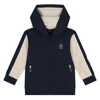 Younger Boys Navy Blue & Beige Logo Hooded Zip Up Top