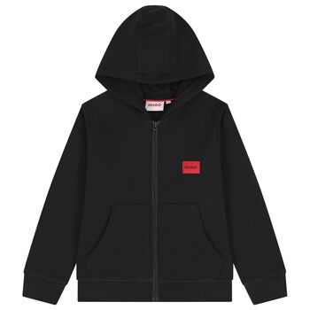 Boys Black Logo Hooded Zip Up Top