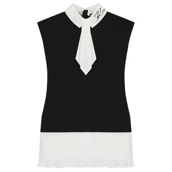 Girls Black & White Pleated Crepe Dress