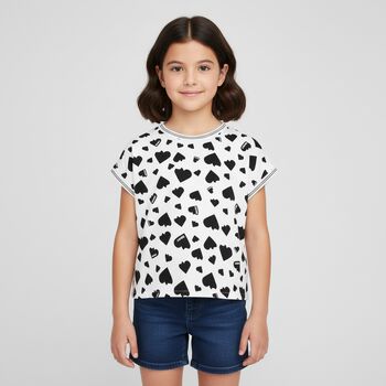 بلوزة بنات بطبعة القلب باللون الأبيض والأسود