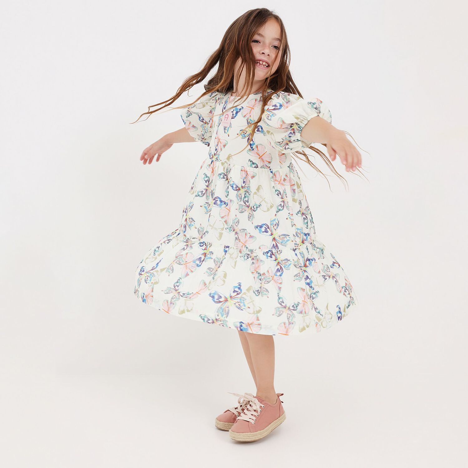 Girls Ivory Butterflies Logo Dress , 1, hi-res