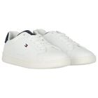 Boys White & Blue Logo Leather Trainers, 1, hi-res