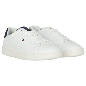 Boys White & Blue Logo Leather Trainers