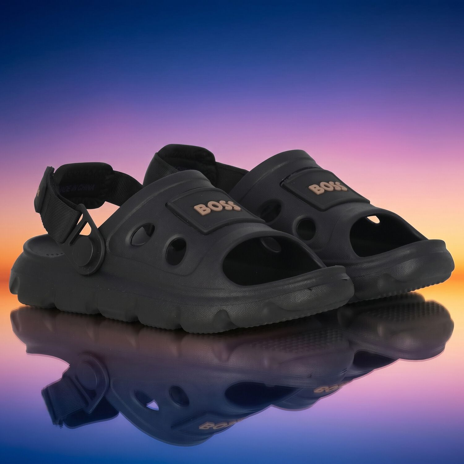 Boys Black Logo Sandals, 1, hi-res
