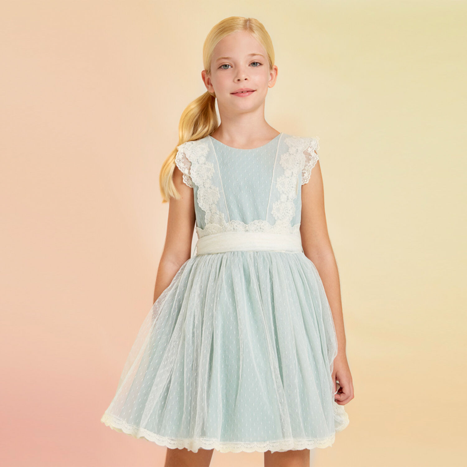 فستان تول مطرز باللون الأكوا, 1, hi-res image number null