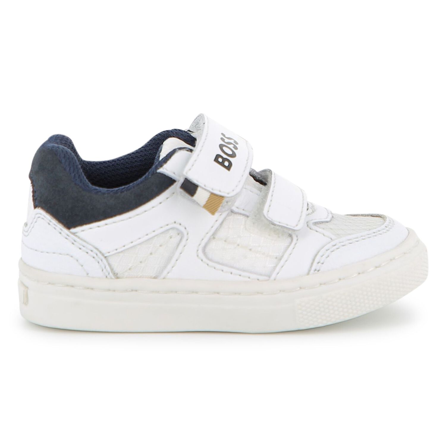 Boys White & Navy Blue Logo Trainers, 2, hi-res