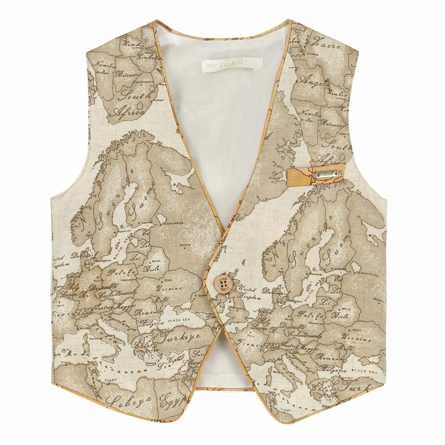 Baby Boys Beige Geo Map Waistcoat, 1, hi-res
