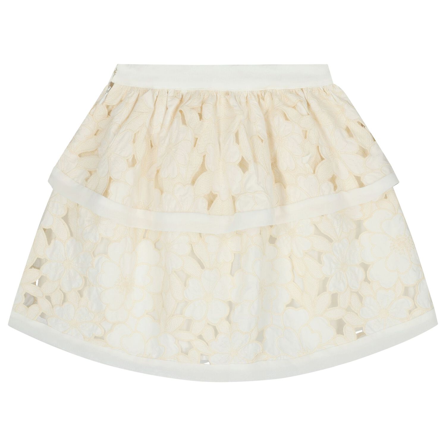 Girls Ivory Floral Cutwork Tiered Skirt, 1, hi-res