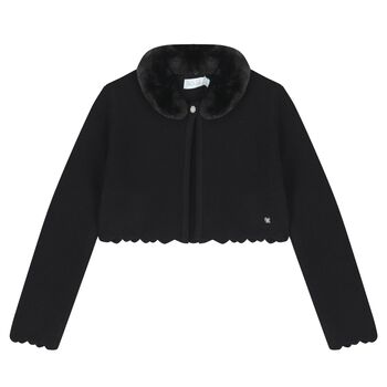 Abel & Lula Girls Black Faux Fur Collar Cardigan, 2 Girls Black Faux Fur Collar Cardigan