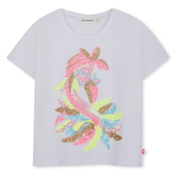 Girls White Sequin Flamingo T-Shirt 