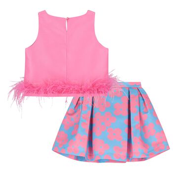 Girls Pink & Blue Floral Skirt Set