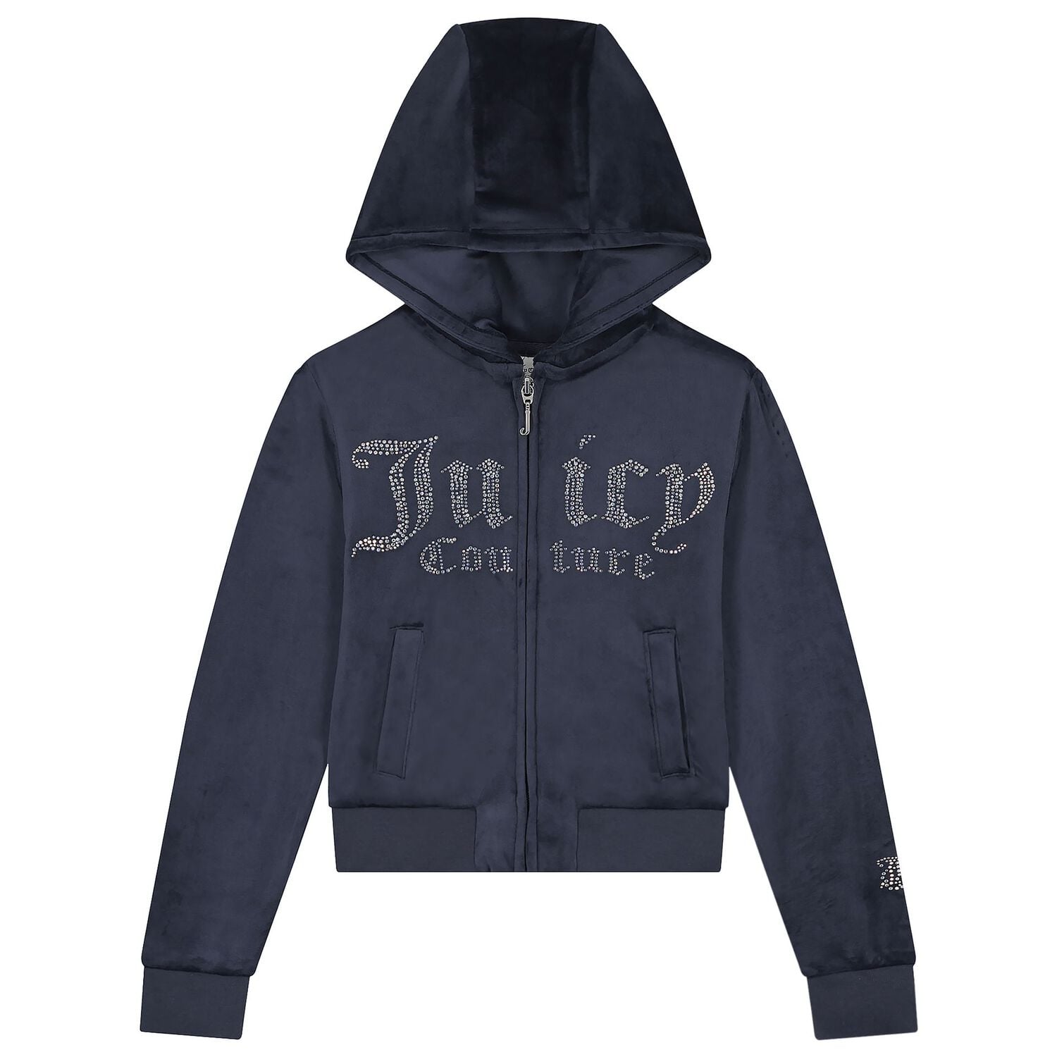 Girls Navy Blue Crystal Embellished Diamant&eacute; Logo Hooded Zip Up Top, 1, hi-res