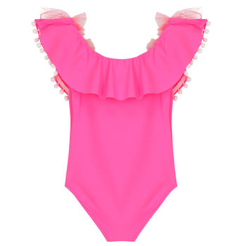 Girls Pink Ruffle Pom-Pom Swimsuit