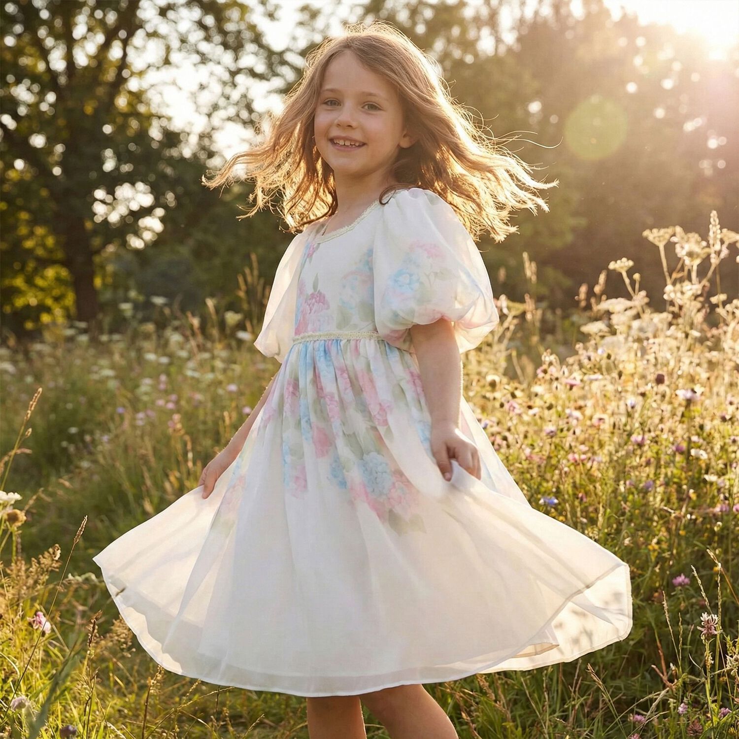 Girls Ivory Floral Chiffon Dress, 1, hi-res