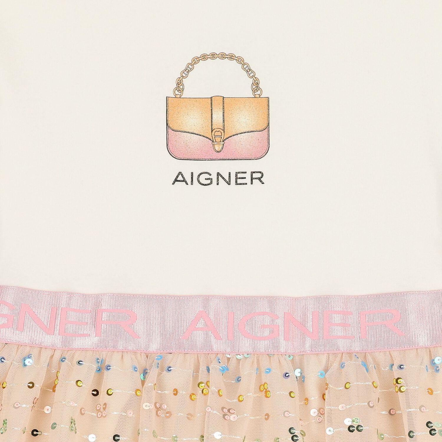 Girls Ivory & Pink Logo Sequin Dress, 1, hi-res image number null