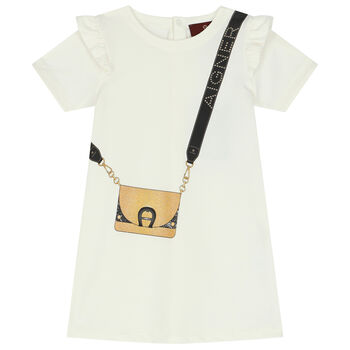 Younger Girls Ivory Logo Bag Dress