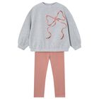 طقم ليجينز بنات مزين بفيونكه باللون الرمادى الوردى , 3, hi-res