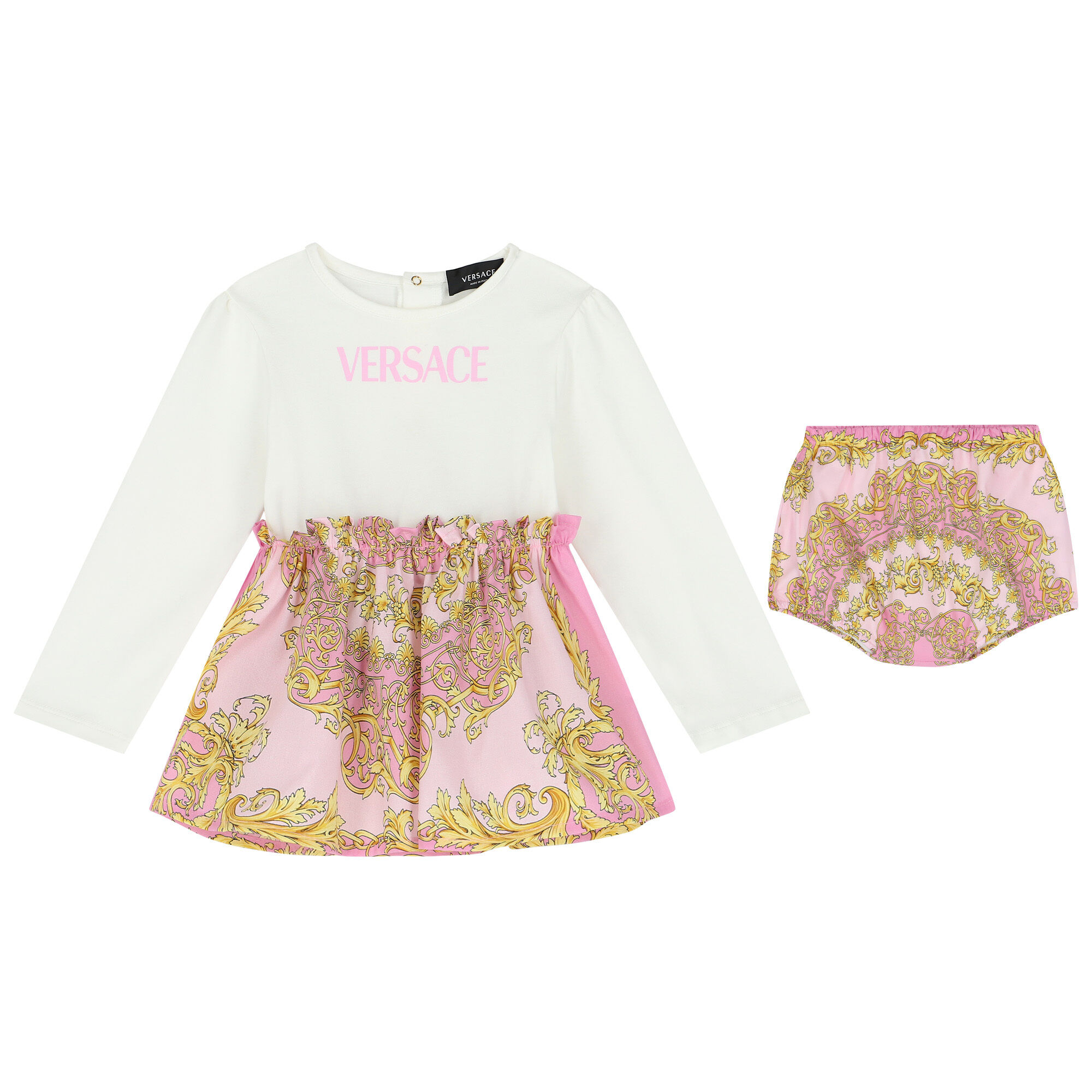 Versace Baby Girls Ivory Pink Yellow Barocco Logo Dress Set Junior Couture UAE