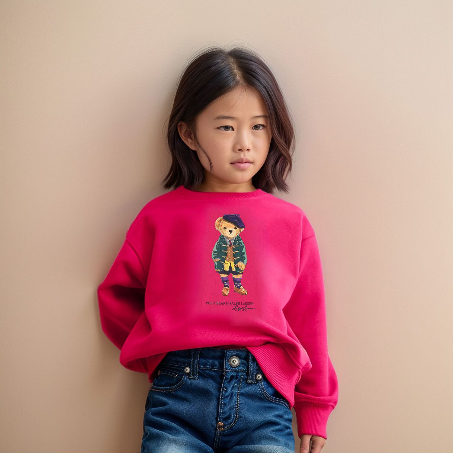 Girls Pink Polo Bear Sweatshirt, 1, hi-res