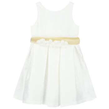 Girls White & Gold Flower Satin Dress