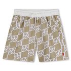 Boys Beige & White Check Logo Swim Shorts, 1, hi-res
