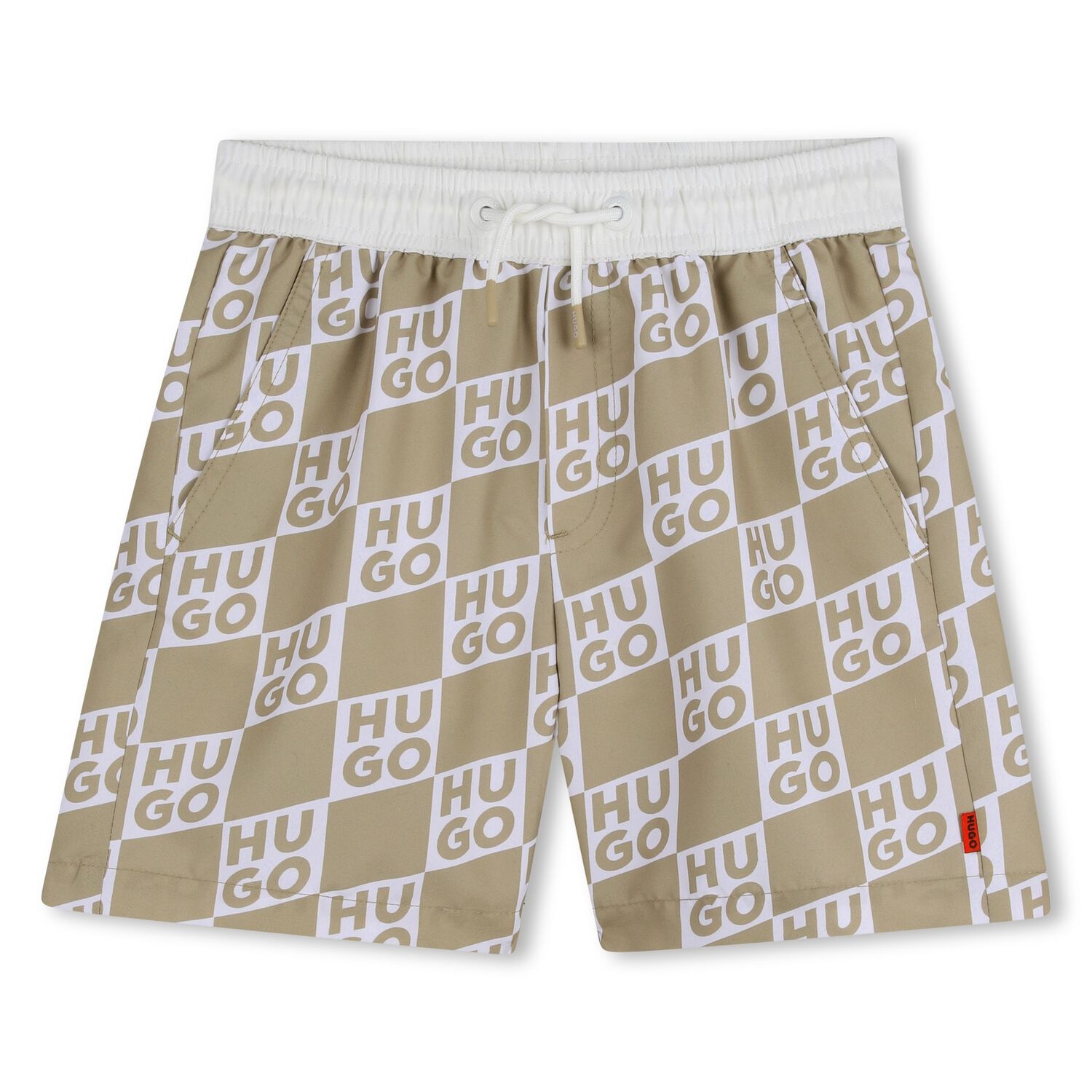 Boys Beige & White Check Logo Swim Shorts, 1, hi-res