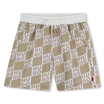 Boys Beige & White Check Logo Swim Shorts