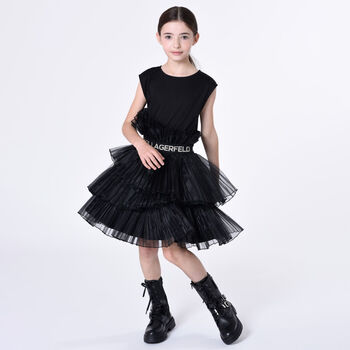Girls Black Logo Pleated Organza Dress