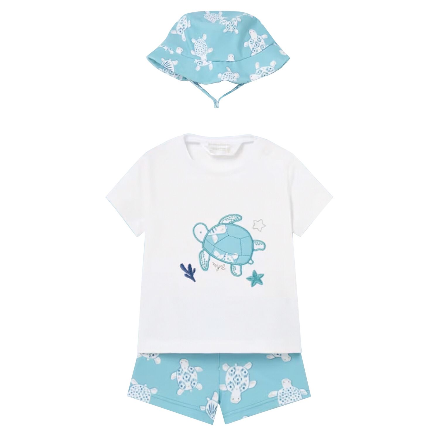 Baby Boys Aqua & White Turtle Swim Shorts Set, 2, hi-res