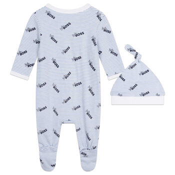 Baby Boys Blue & White Logo Babygrow & Hat Gift Set
