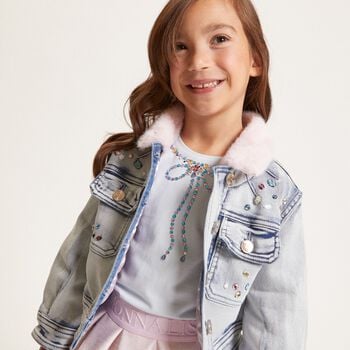 طقم تنورة بطبعة الجواهر للبنات باللون العاجي والوردي والأزرق