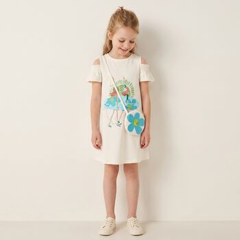 طقم فستان بناتي عاجي اللون مكشكش