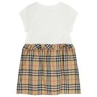 Girls White & Beige Check Ruffled Dress, 1, hi-res