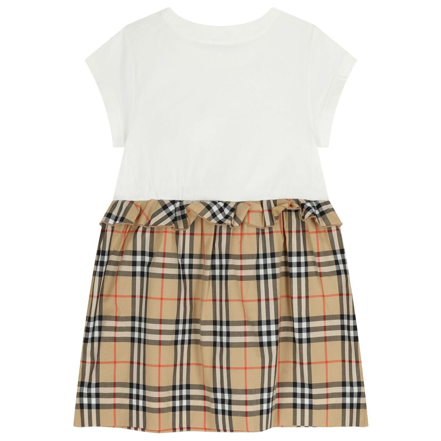Girls White & Beige Check Ruffled Dress, 1, hi-res