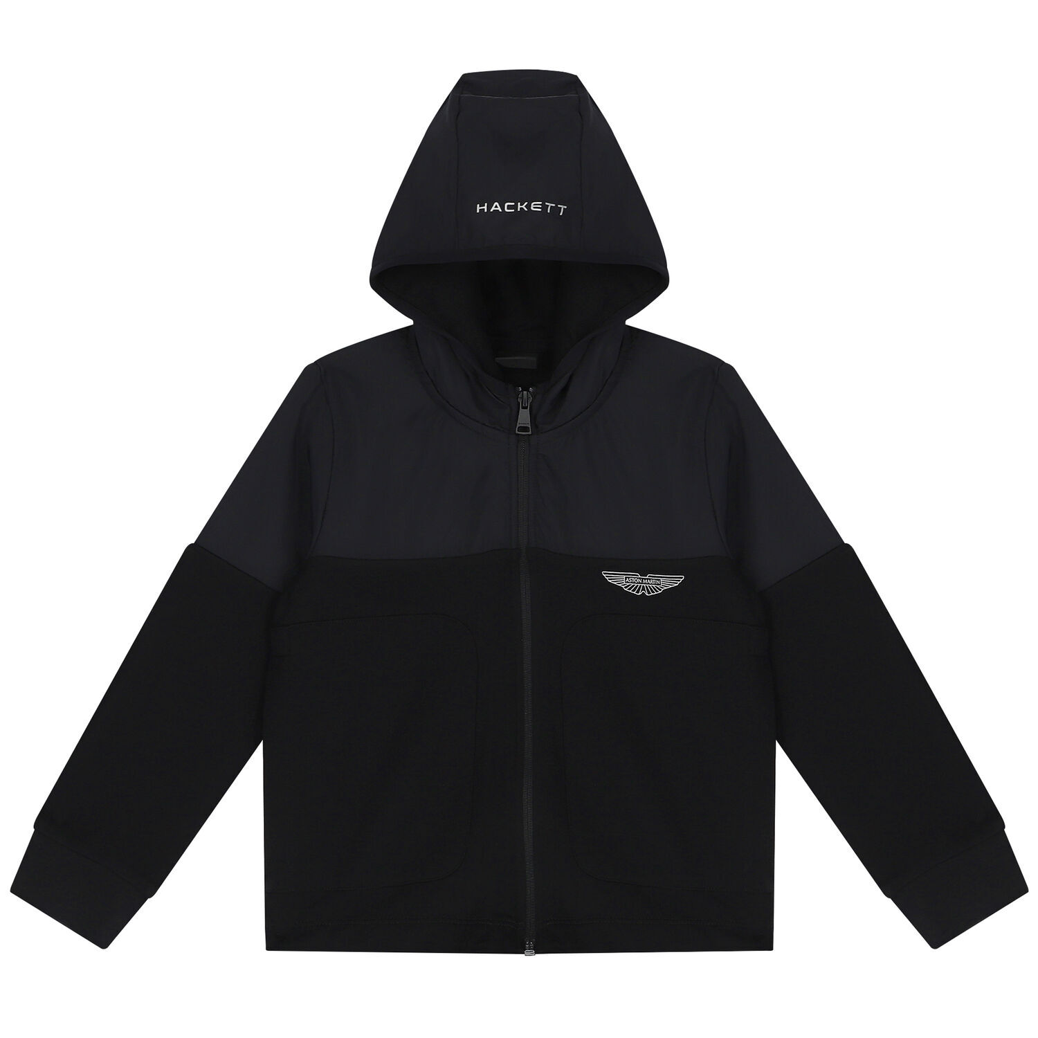 Boys Black Aston Martin Logo Hooded Zip Up Top, 1, hi-res