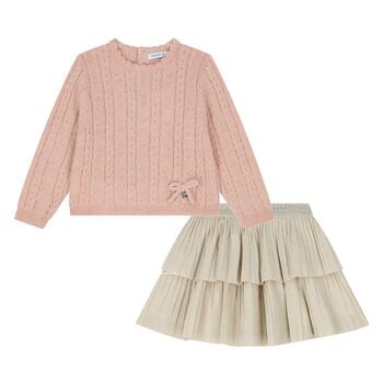 Younger Girls Pink & Beige Cable Knit Skirt Set